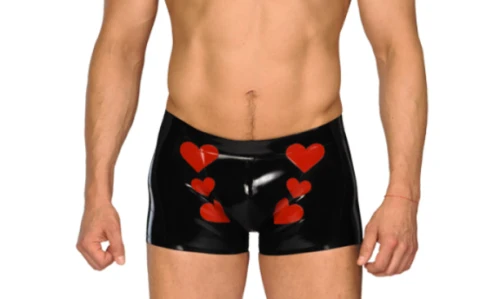 

2019 Latex Rubber Men Black Boxer Shorts With Red Love Pattern