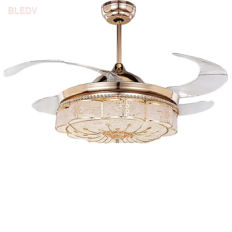 Modern LED Invisible Crystal Ceiling Fans With Lights Bedroom Folding Light Fan Remote Control Ventilador de teto | Лампы и освещение