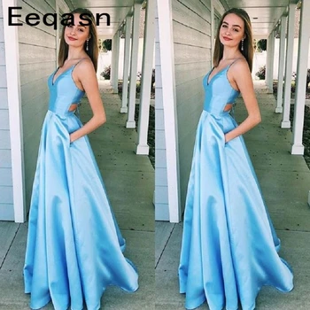 

Sexy Sky Blue Evening Dresses 2020 Pleated Formal Long Party Gowns with Pockets Formal Prom Vestido de Festa Cheap Sale