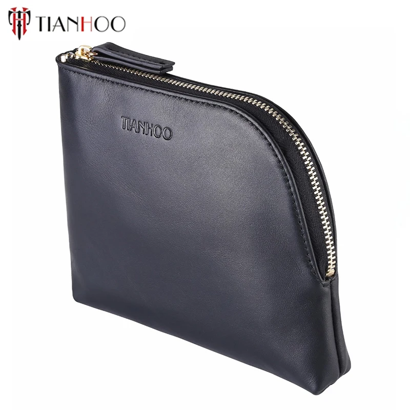 TIANHOO Mulheres Estojos de Cosméticos de Maquiagem Profissional Saco de Couro Genuíno de Cor Preta Bolsa de Telefone Saco de Embreagem