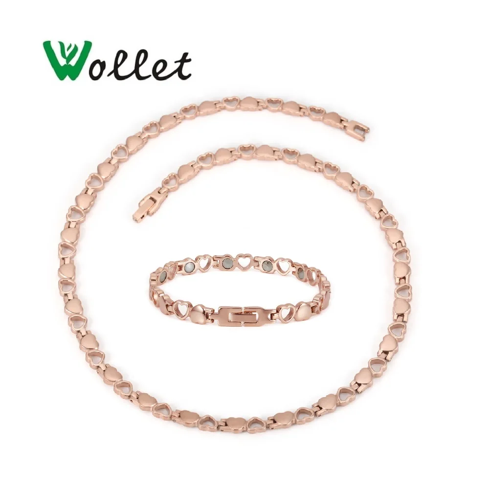 Ювелирный Набор Wollet, 99.999% германий, сердце, дизайн из нержавеющей стали, магнитное ожерелье, браслет для женщин, розовое золото, серебро, цвет