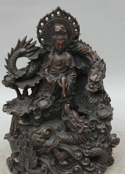 

JP S0524 10" Chinese Bronze Seat Two Dragon Kwan-yin Guan Yin Boddhisattva Vase Statue