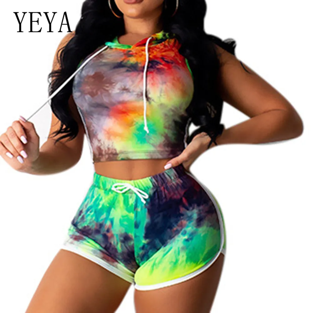 

YEYA Vintage Tie Dyeing 2 Pieces Sets Hooded Top + Skinny Pants Summer Sleeveless Retro Printed Playsuits Women Casual Overalls