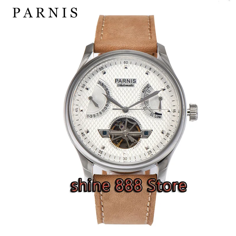 

Parnis 43mm white dial power reserve cow leather strap Automatic men's watch