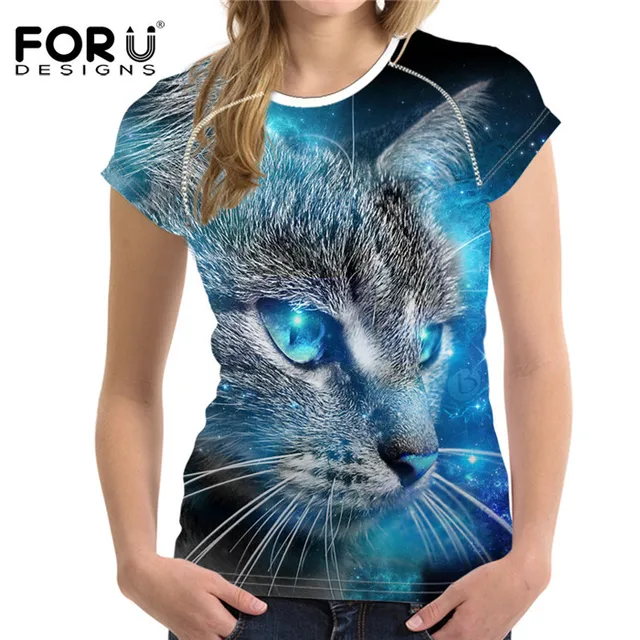FORUDESIGNS Black 3D Cat Animal Women Casual T Shirt Brand Clothing Women Short Sleeved Breathable Tshirt Female Fitness Tops