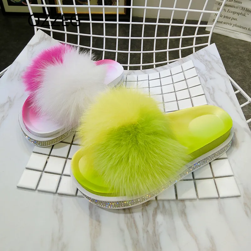 

Summer Women's Furry Slippers Luxury Lady Plush Fluffy Slippers Platform Women's Fox Fur Slippers Winter Warm Slippers For Women