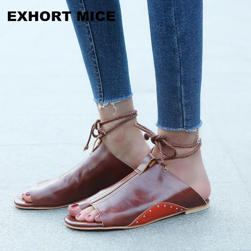 

2018 Women Sandals Gladiator Peep Toe Buckle Strap Design Women Flats Shoes Summer Beach Ladies Shoes Lace-Up