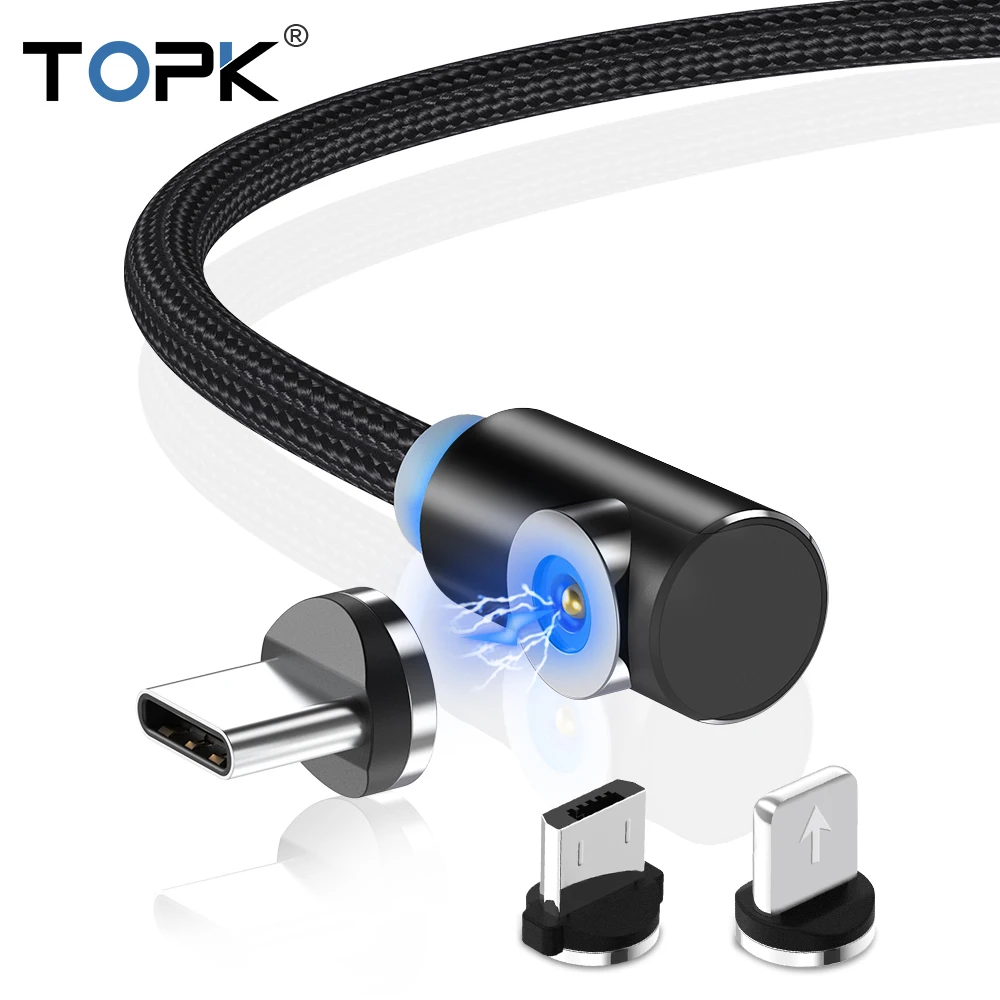 TOPK AM51 90 مصباح إضاءة متدرج المصغّر USB كابل المغناطيسي كابل شحن ل فون سامسونج Xiaomi USB نوع C المغناطيس كابل الشاحن Adapte