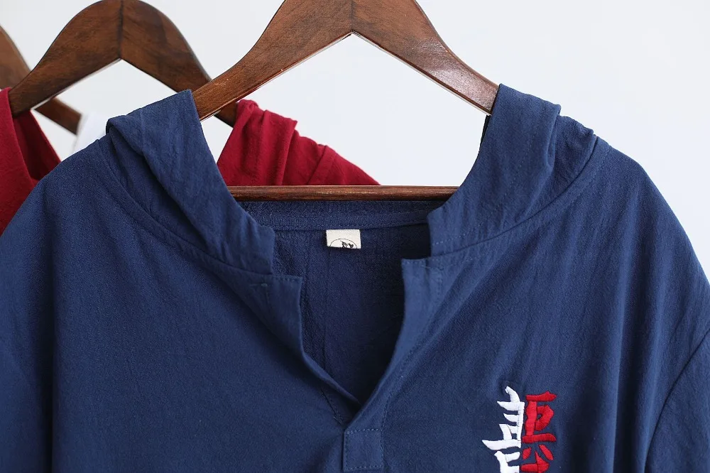 LZJN 2019 Men's Shirt Summer Style Hooded Short Sleeve Blouse Top Men New Casual Embroidery Cotton Linen Shirt Camisas De Hombre (33)
