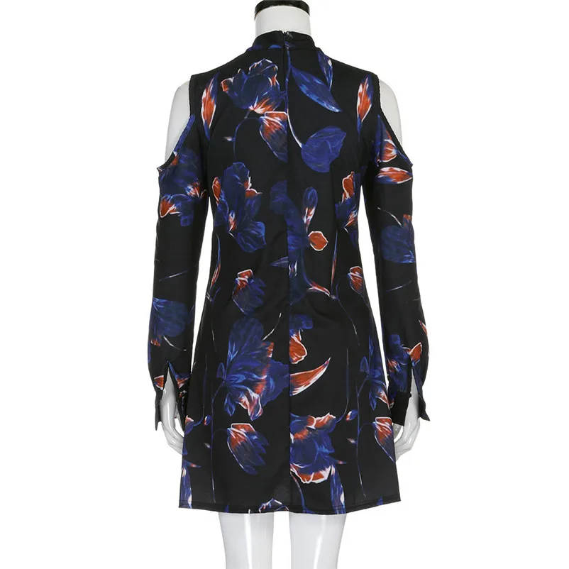 dress female loose of mini A-line casual dark blue color and flower printed full sleeve summer beach dropshipping #F#40JY3113