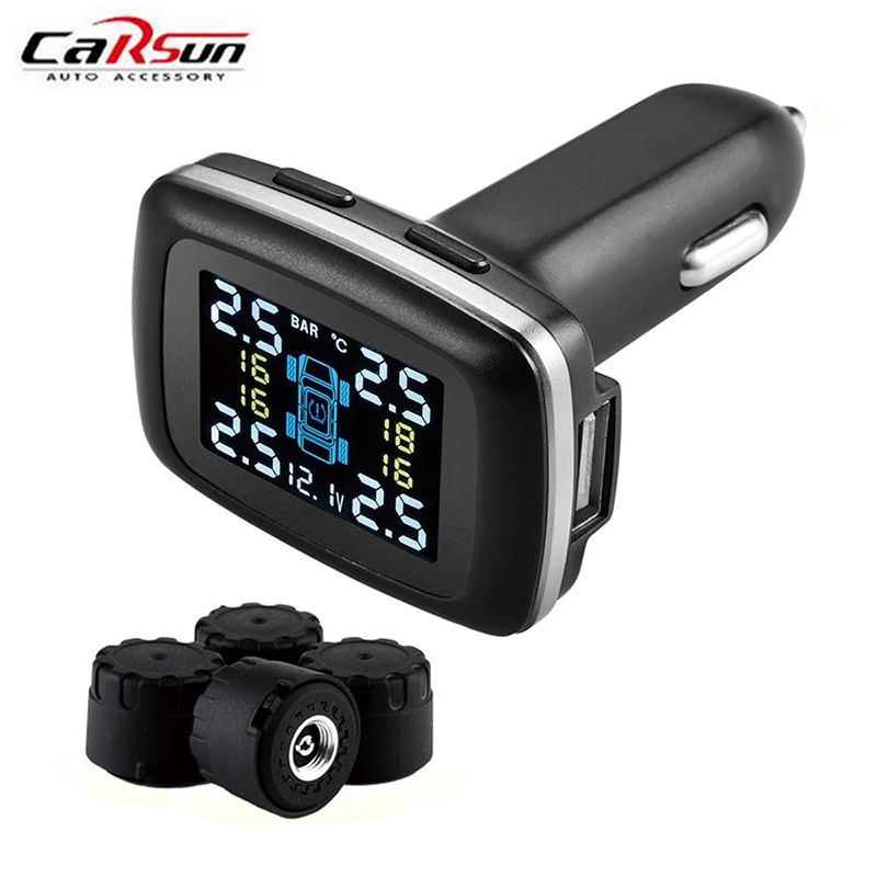

DIY Tire Pressure Monitoring System Wireless TPMS with 4 External Sensors Cigarette Lighter Plug LCD Display Temperature Gauge