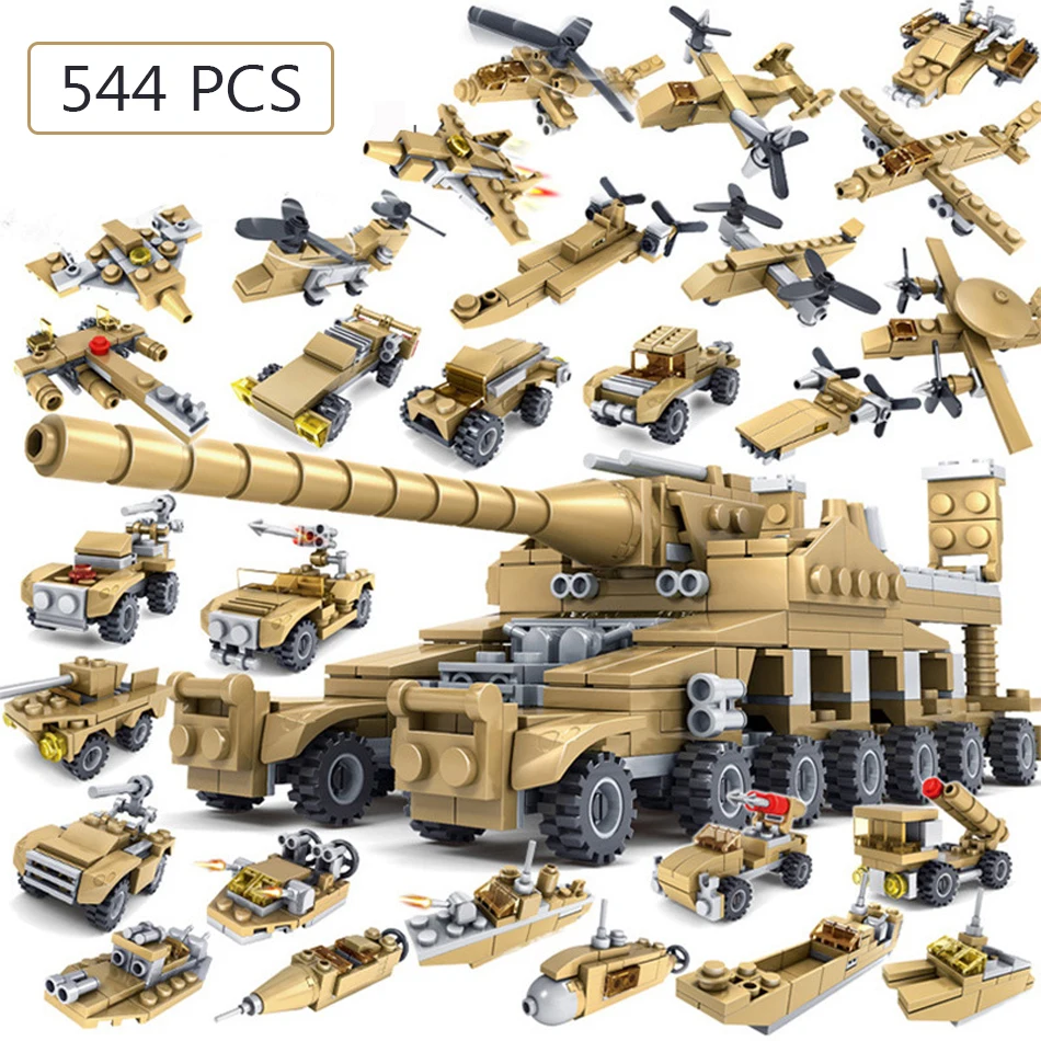 544PCS 16 in 1 Army Tank Model Building Blocks Bricks Compatible Legoingly Military Vehicles Weapon Education Toys For Children