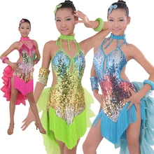 Новые блестящие блесток ребенок Костюмы для латиноамериканских танцев Танцы платье профессиональные Samba/Salsa/Чача Производительность танцевальная одежда Обувь для девочек танец конкурс костюм