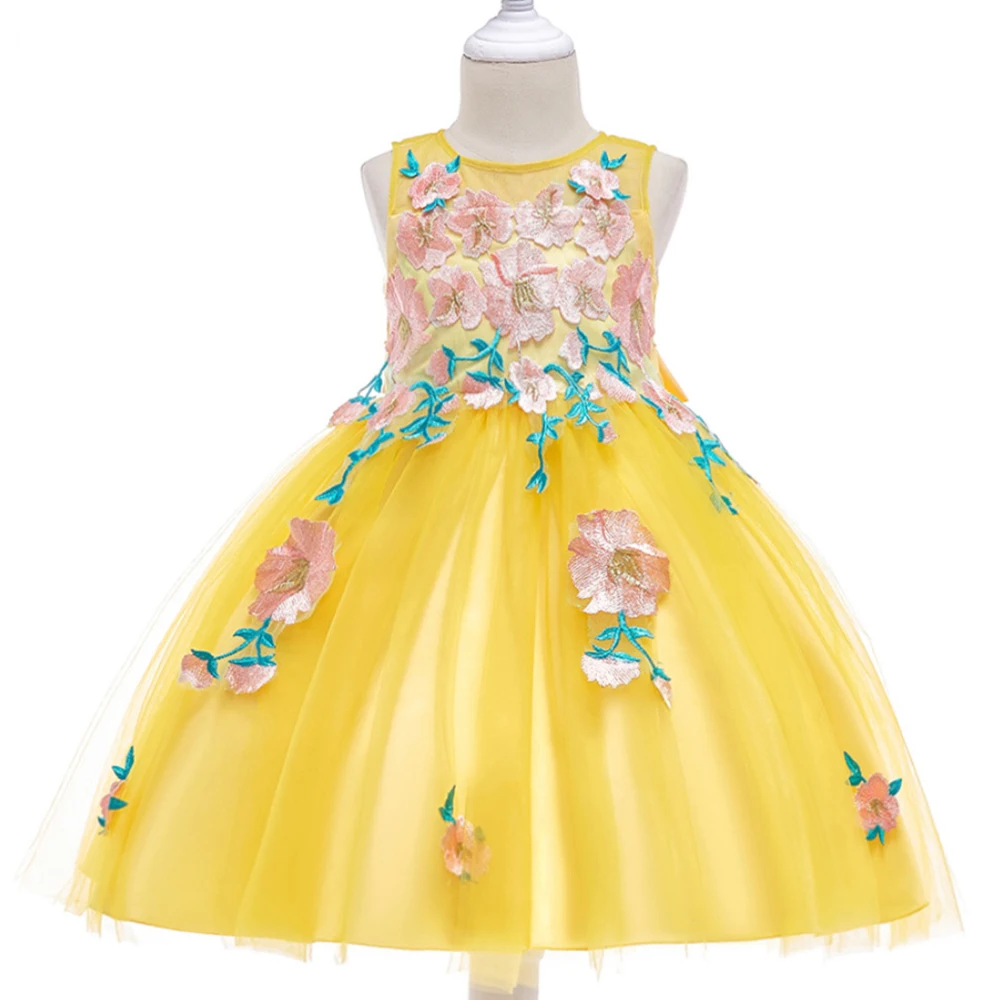 Платья для маленьких девочек; желтое летнее фатиновое платье-пачка принцессы без рукавов с цветочным рисунком; детское платье; праздничная одежда для дня рождения, свадьбы; BW210