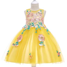 Платья для маленьких девочек; желтое летнее фатиновое платье-пачка принцессы без рукавов с цветочным рисунком; детское платье; праздничная одежда для дня рождения, свадьбы; BW210