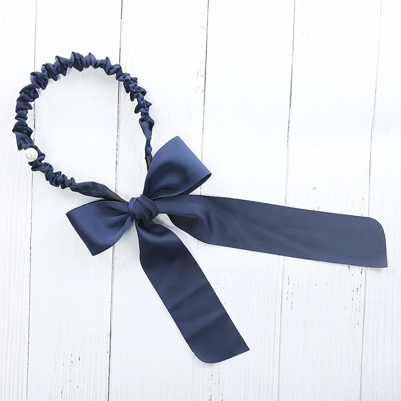 Высококачественные Женские аксессуары для волос с большим бантом, одноцветная повязка на голову, повязка для волос с жемчугом, украшение ручной работы, модный галстук-бабочка - Цвет: Тёмно-синий