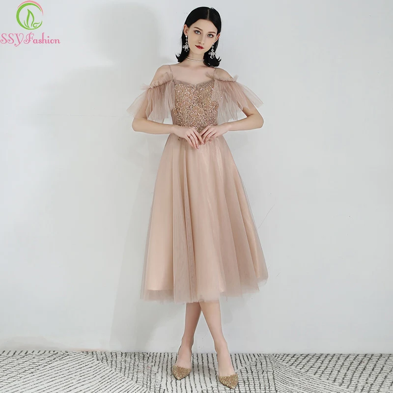 

SSYFashion New Cocktail Dress Special Occasion Dresses V-neck Tea-length Appliques Seuqins Party Formal Gowns Vestido De Noche