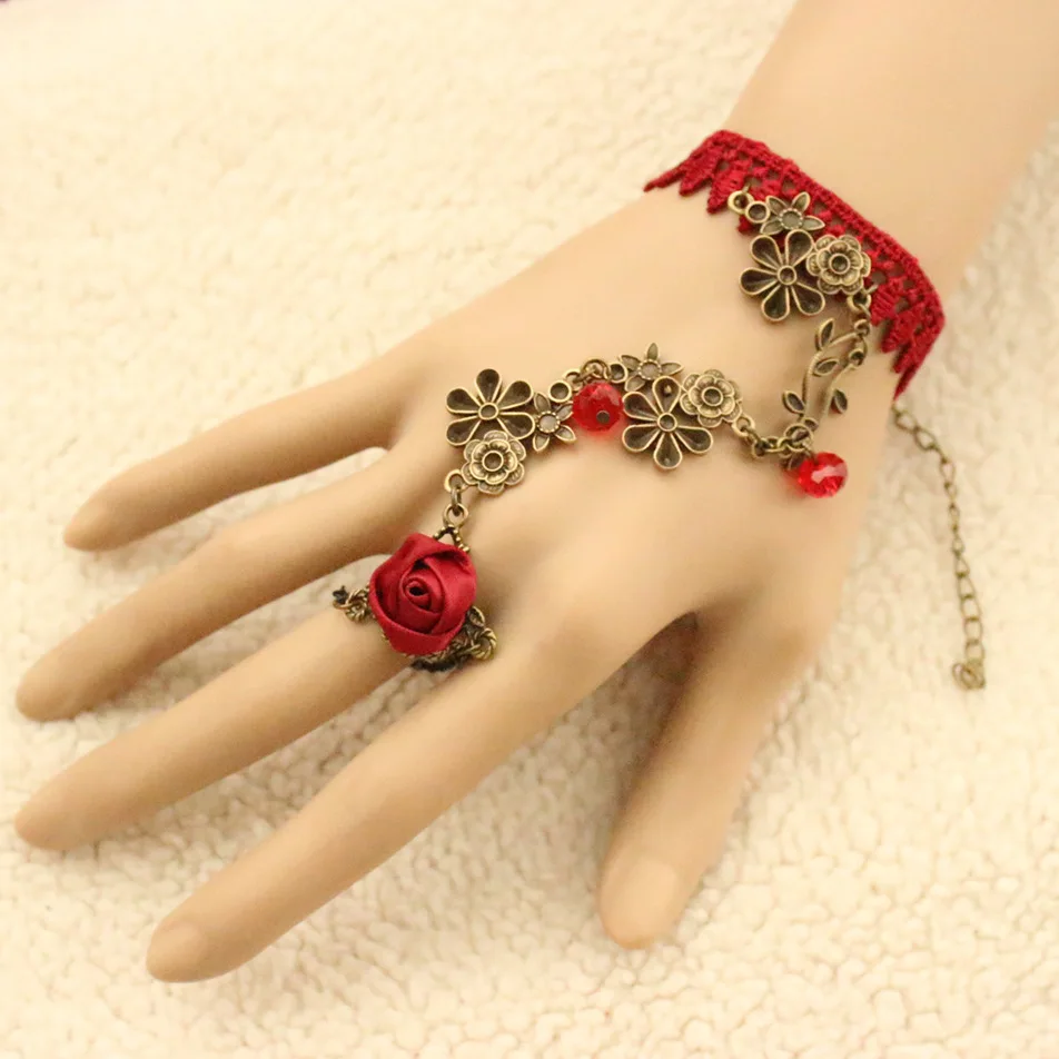Red Rose Lace bracelet ring connected ,vintage flower vines bracelet