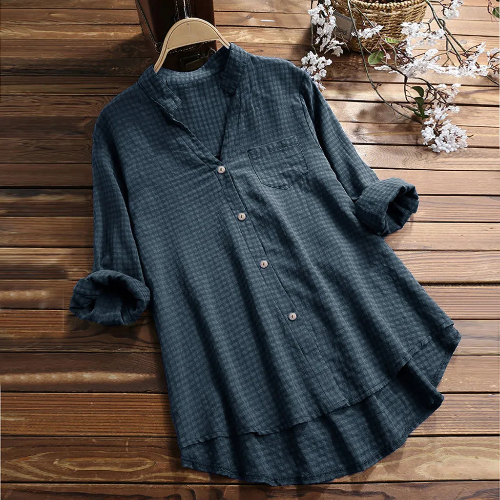 

Plus Size Womens Blouses Casual V Neck Loose Linen Plaid Button Tanic Shirt Blouse Tops Woman Clothes Blusas Mujer