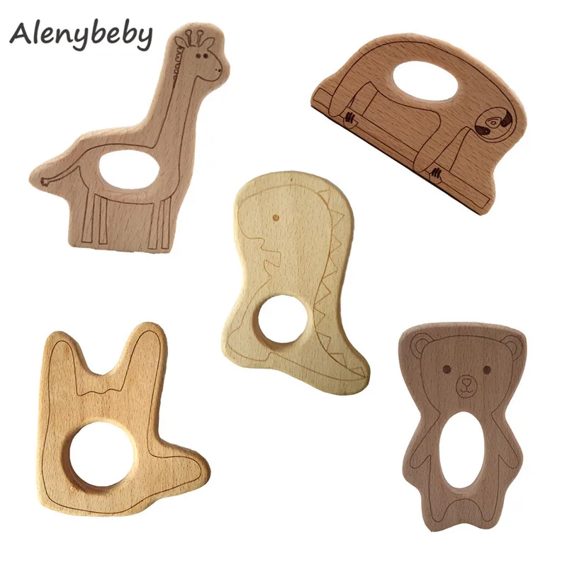 

BPA FREE Beech Wood Cartoon Bear Dinosaur Deer Animal Baby Teether Toy Safe Newborn Kids Teething Toy Chewable Baby Products