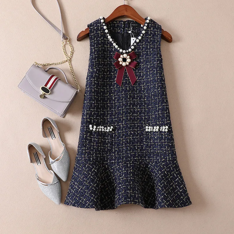 

Luxury Style Runway New Autumn Winter High-end Tank Vest Dresses Beading Pearls Bow Tie Cashmere Woolen Blend Dress Vestidos