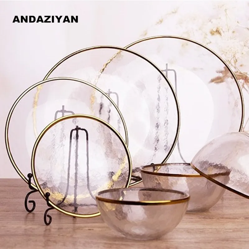 

Nordic ins wind gold glass tableware Western steak plate salad flat banquet steak wobbler display plate Transparent tray