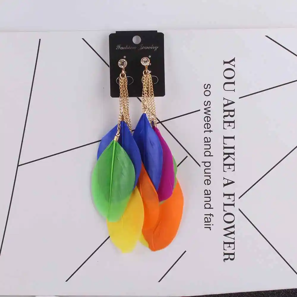 JIOFREE Bohemia Fashion Jewelry multicolou Feather Clip on Earrings Non Piercing for Women Long Tassel Feather Earrings big trendy earrings