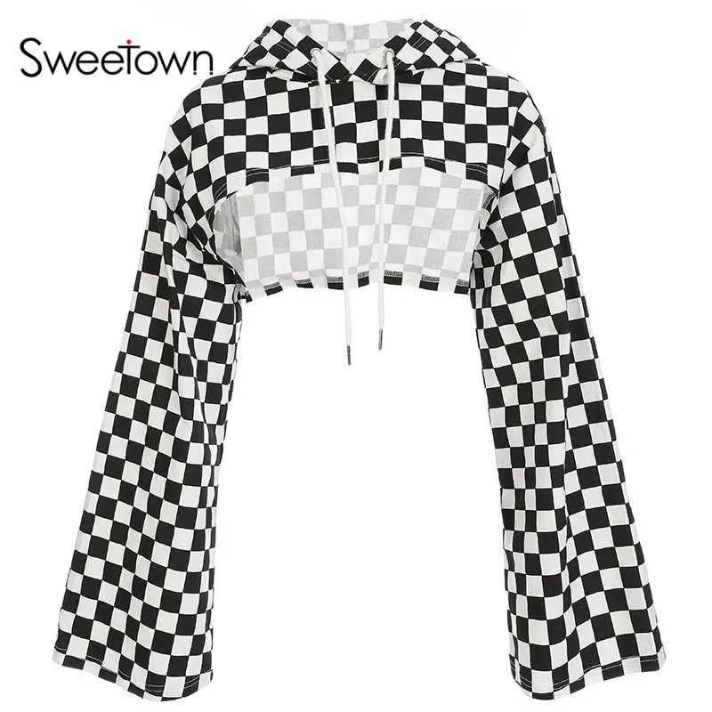 

Sweetown Plus Size Cotton Crop Top Flare Sleeve T Shirt Checkerboard Hoodie Tee Shirt Femme Summer Tops For Women 2018Streetwear