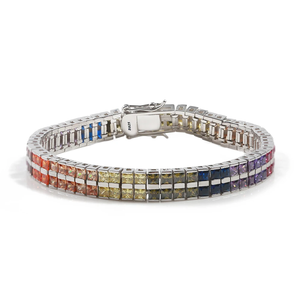 

925-Sterling-Silver Bangle Bracelets Two Layers Inlaid Rainbow Cubic Zircon Unique Design Bracelets For Women Silver Jewelry