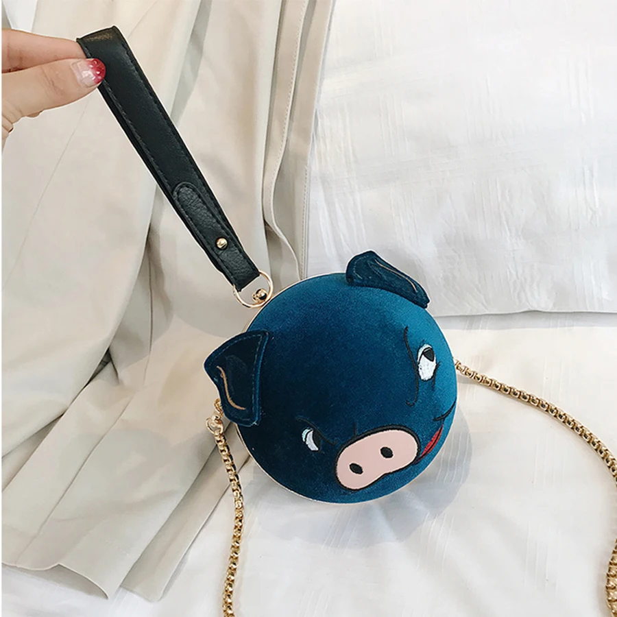 الكرتون المطرزة الذهب المخملية خنزير سلسلة Crossbody حقيبة لطيف الخصر أكياس حقيبة كتف عارضة حزب الفاصل المحفظة سيدة حقيبة يد 2019