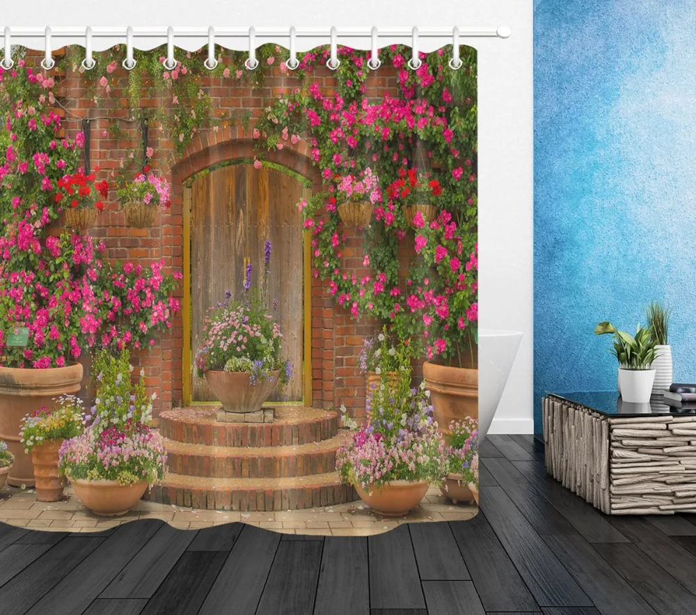 

Flowers Wooden Doors Brick Wall Shower Curtain Set With Rug Landscape Waterproof Bathroom Polyester Fabric For Bathtub Decor