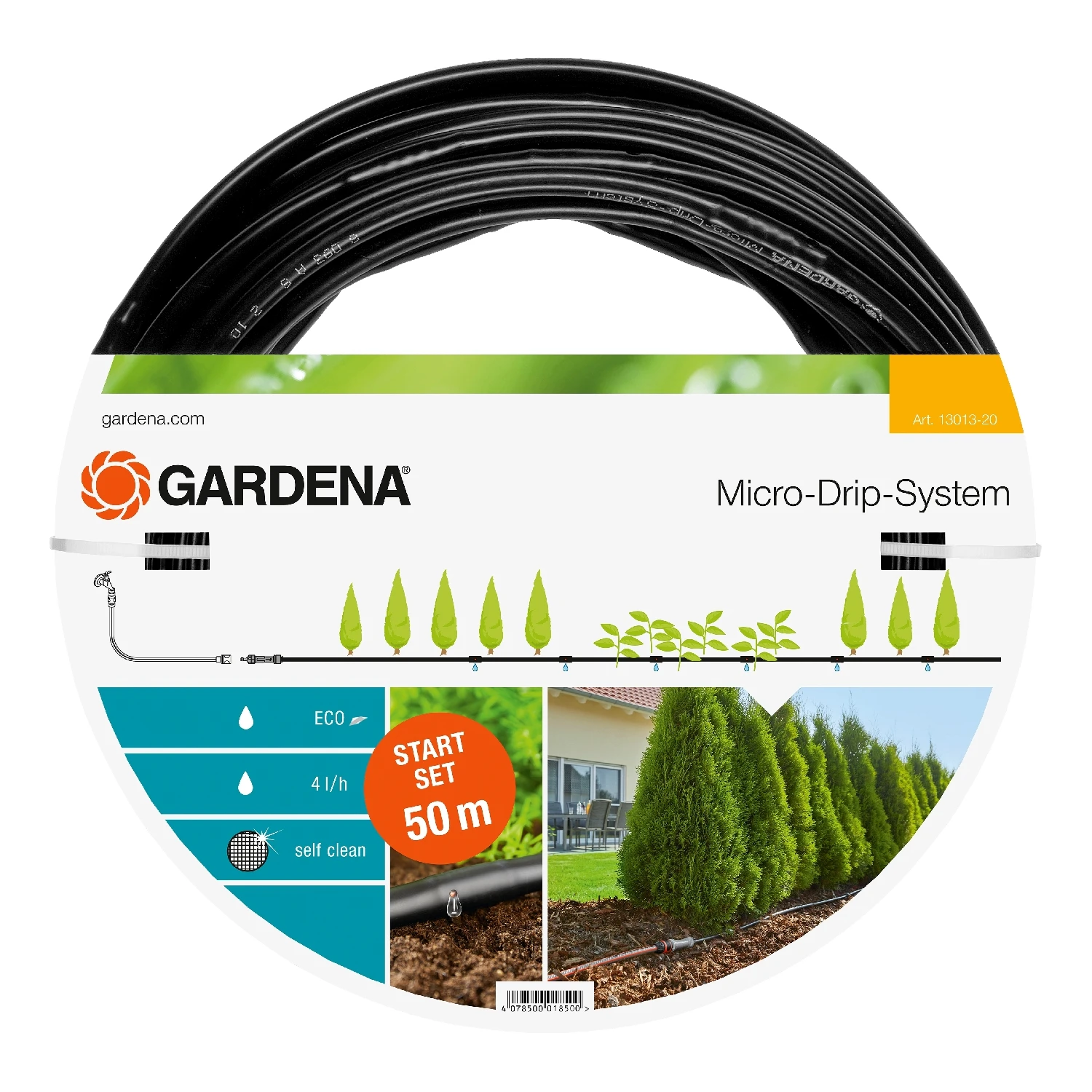Шланг поливочный GARDENA 13013-20.000.00(Длина 50 м, диаметр 13 мм(1/2"), встроенные капельницы, самоочищение капельниц, расход воды на одну капельницу 4 л/ч, регулятор давления, заглушка