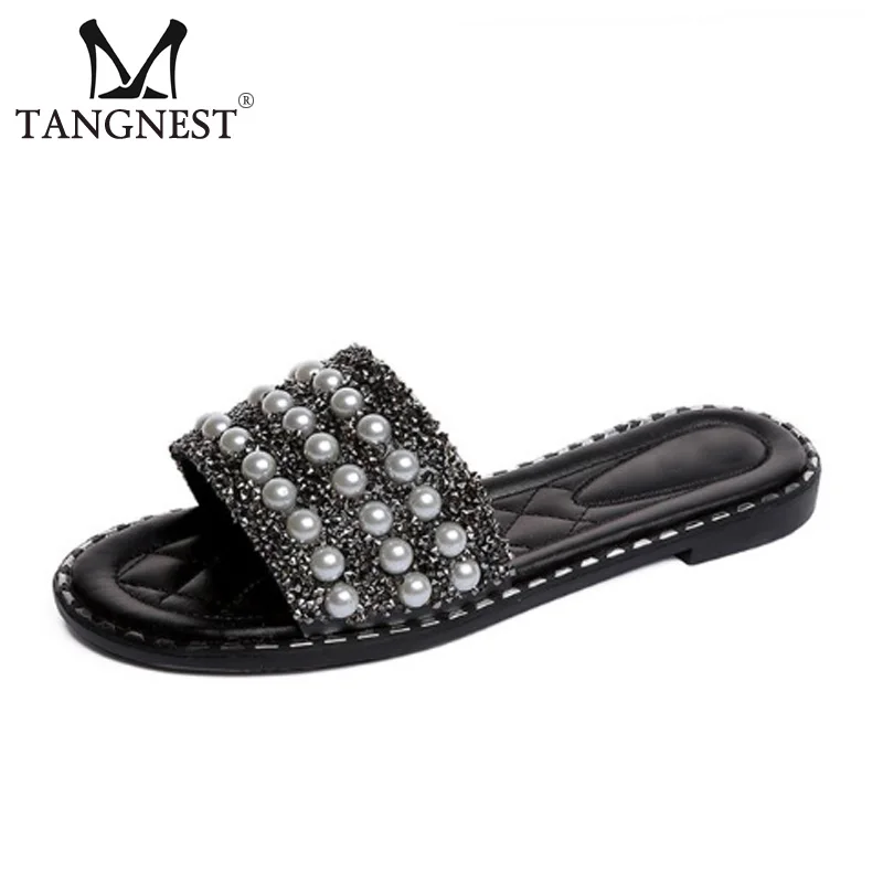 

Tangnest Women Summer Slides Fashion Pearls Flat Sandals Outdoor Non-slip Casual Women Slippers Peep Toe Beach Slides XWT1202