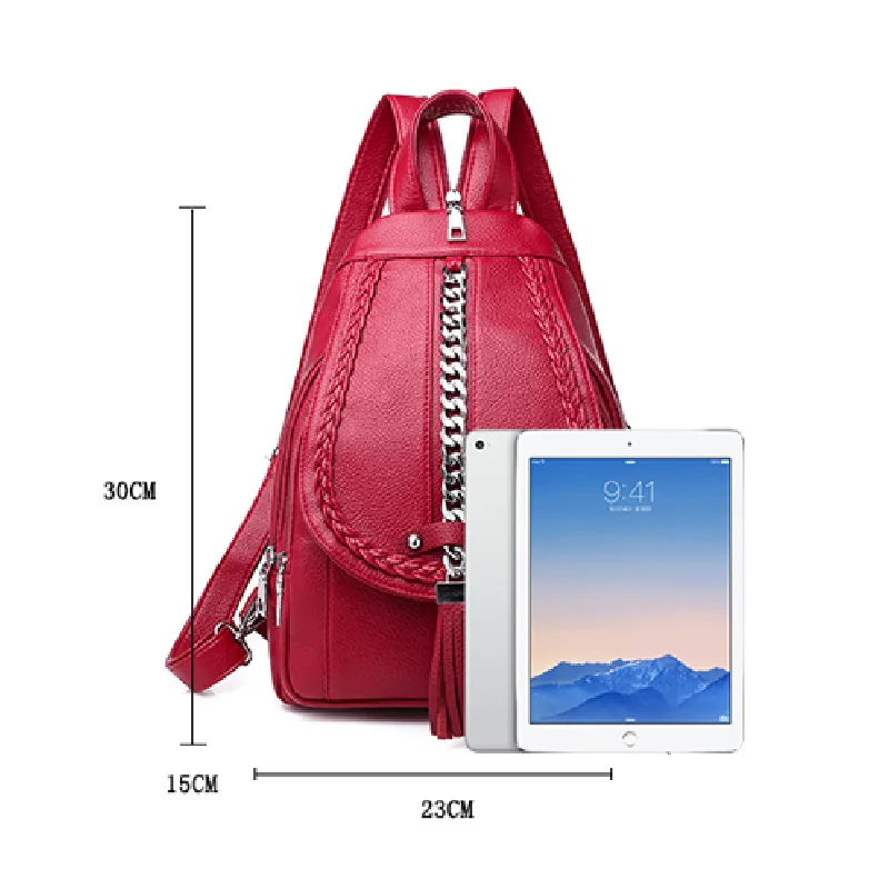  Female Backpack Designer High Quality Leather Women Bag Fashion School Bags Girl Red Bagpack Tassel - 32958515857