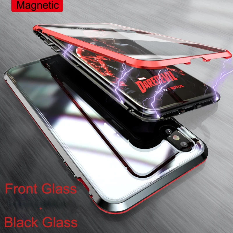 Front and Back Glass 360 Full Body Magnetic Case For iphone xs max iphone xr 7 8 plus Luxury Tempered Glass Metal Cover iphonex