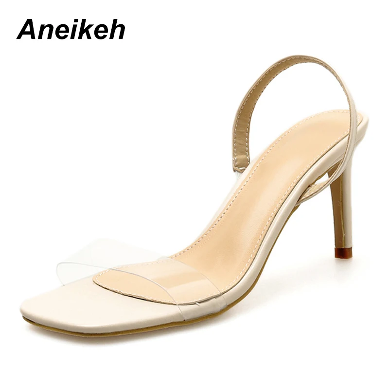 

Aneikeh 2019 Rome New Women Pumps PVC Crystal Transparent Clear Square Toe Slip-On Thin High Heels Summer Sandals Casual Size 40
