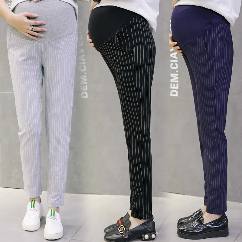 Хлопковые брюки для беременных с вертикальными полосками; брюки-карандаш с эластичной резинкой на талии; Одежда для беременных женщин; брюки для беременных