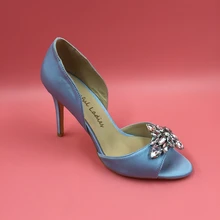 Light Blue Satin Wedding Shoes Pumps High Heels Pointed Toe Crystals Bridal Shoe Stilettos Blue Heels True to US Size 4-15