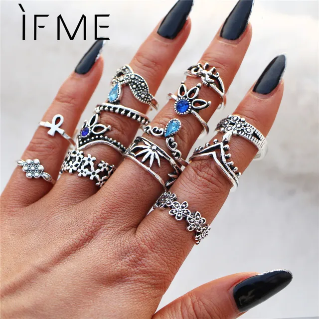 IF ME Bohemian Flower Ring Sets for Women Vintage Retro Silver Color Lotus Stone IF ME Bohemian Flower Ring Sets for Women Vintage Retro Silver Color Lotus Stone
