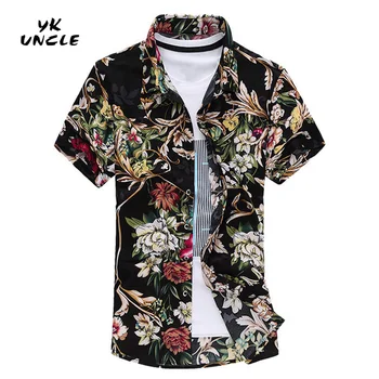 

YK UNCLE Brand Clothing 2017 Summer New Short Sleeve Shirt Men Floral Shirt 100% Mercerized Cotton Casual Social Shirt Men M-7XL