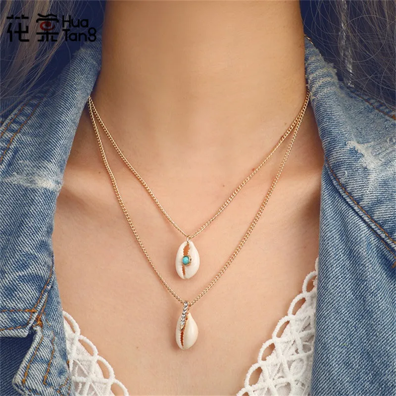

HuaTang Bohemian Shell Pendant Necklace Geometric Crystal Green Rhinestone Necklaces Fashion Layered Necklace Jewelry 6702