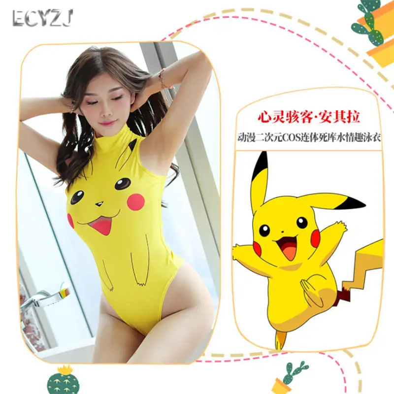 

Anime Adult Swimsuit Pokemon Pikachu Suit Woman girl Bikini Swimwear Cosplay Sukumizu Spandex Costume.