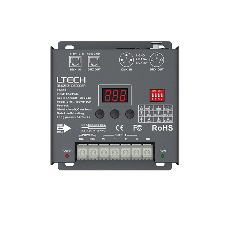 

New LTECH 3 Channel LED DMX decoder LT-903; 3CH CV DMX Decoder;DC12V - 24V input;8A*3CH Max. 24A 576W output XLR-3/RJ45