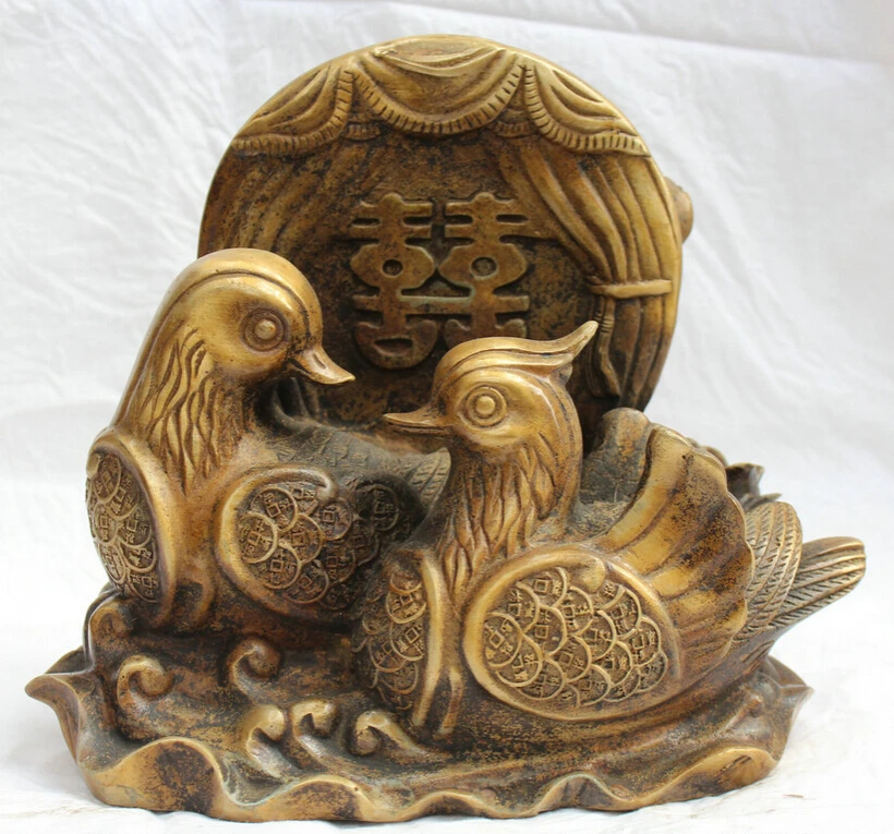 

150610 S1347 10" Chinese Fengshui Copper Rich Lucky Coin Money mandarin duck consort Statue