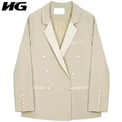 [HG] однобортный для женщин Корея Мода Новый 2019 сезон: весна-лето Зубчатый воротник сплошной цвет кнопка карман Блейзер Пальто WBB2000