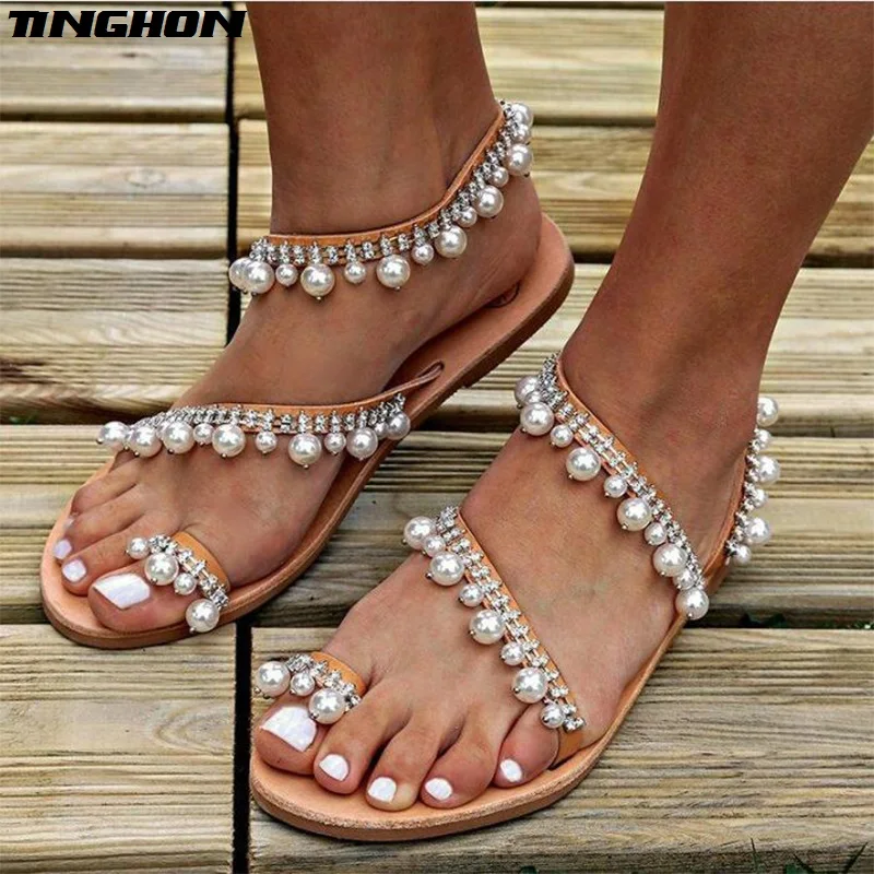 

TINGHON Summer Women Shoes Sandals Rhinestone Crytal Pearl Beads Thong Flat sandals women gladiator sandals size Us4-12
