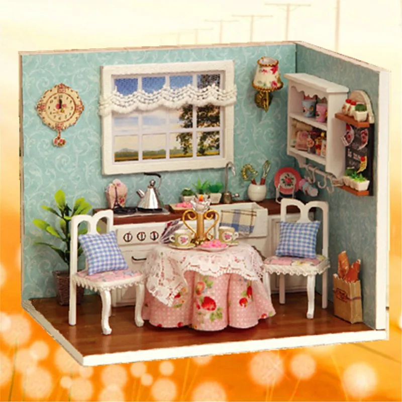 cute wooden dining room dollhouse miniature diy model kit with cover and led furnitures handcraft miniature