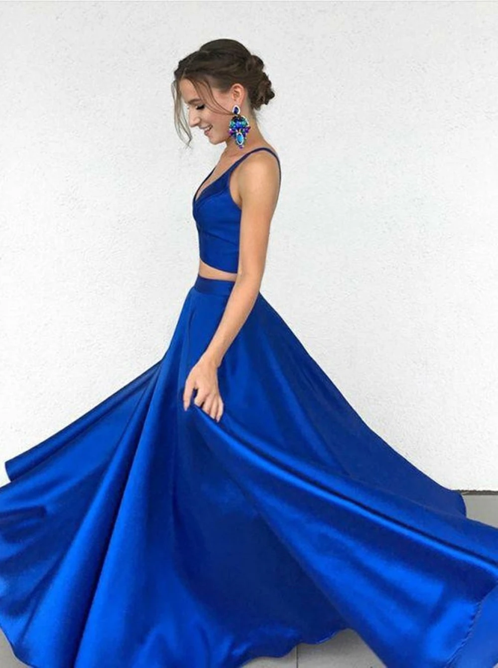 

Party-Gown Two Pieces Prom Dress A-Line Spaghetti Strap Long Prom Dresses Satin Charming Formal Gown vestido-de-festa Plus Size