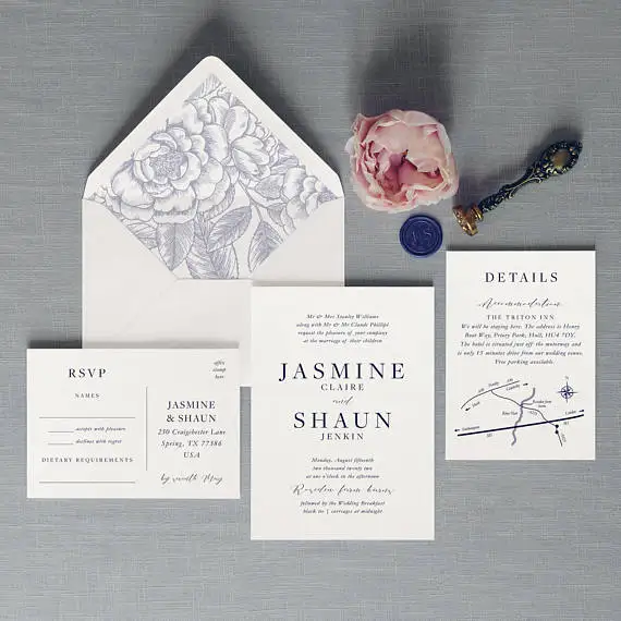  Flat Navy Blue and White Wedding Invitations - 32846889977