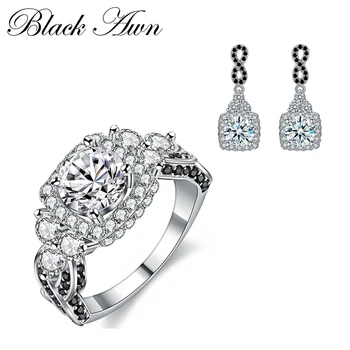

[BLACK AWN] 925 Sterling Silver Fine Jewelry Sets Trendy Engagement Earring for Women Wedding Ring TR152